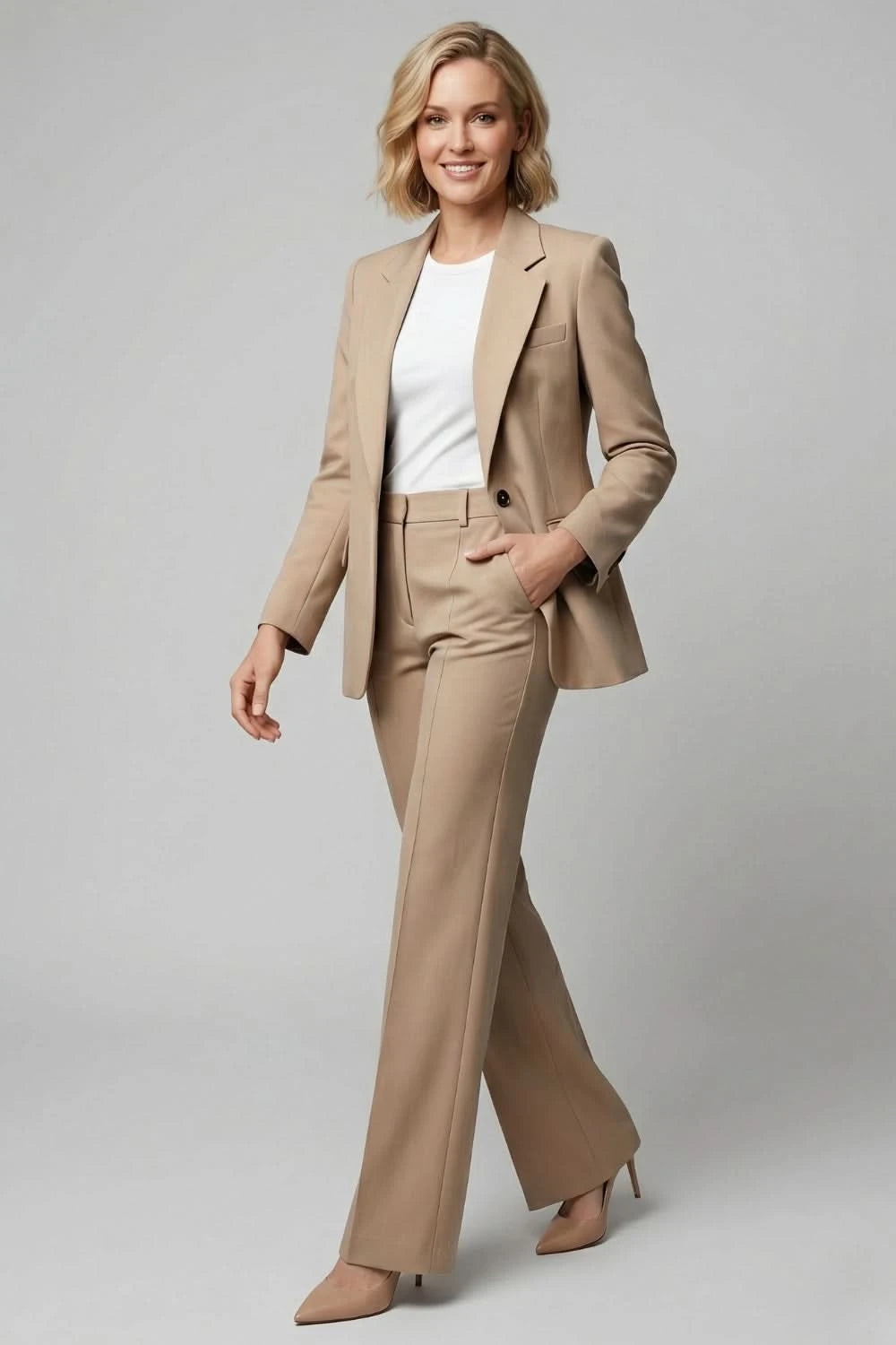 Woman wearing a beige suit with a white shirt on a gray background