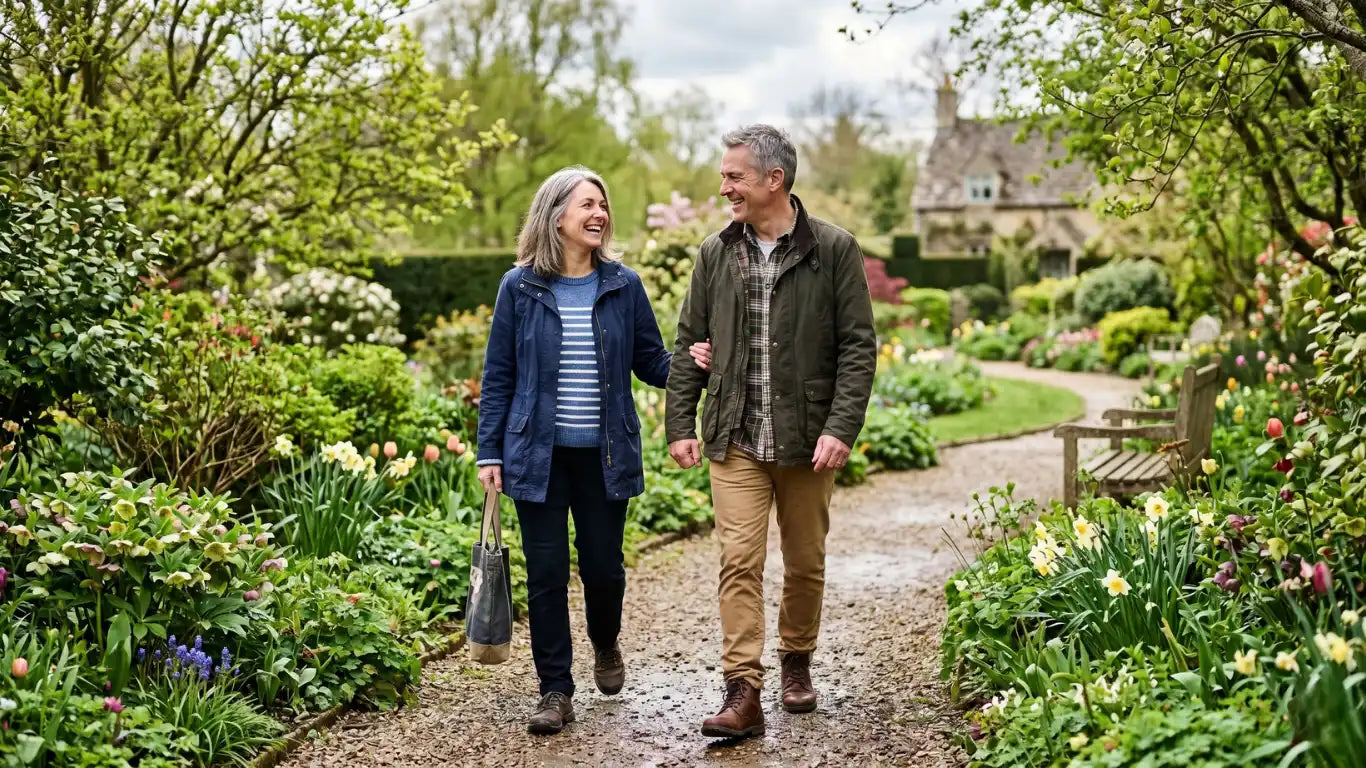 Two people walking through a garden with flowers and a house in the background
