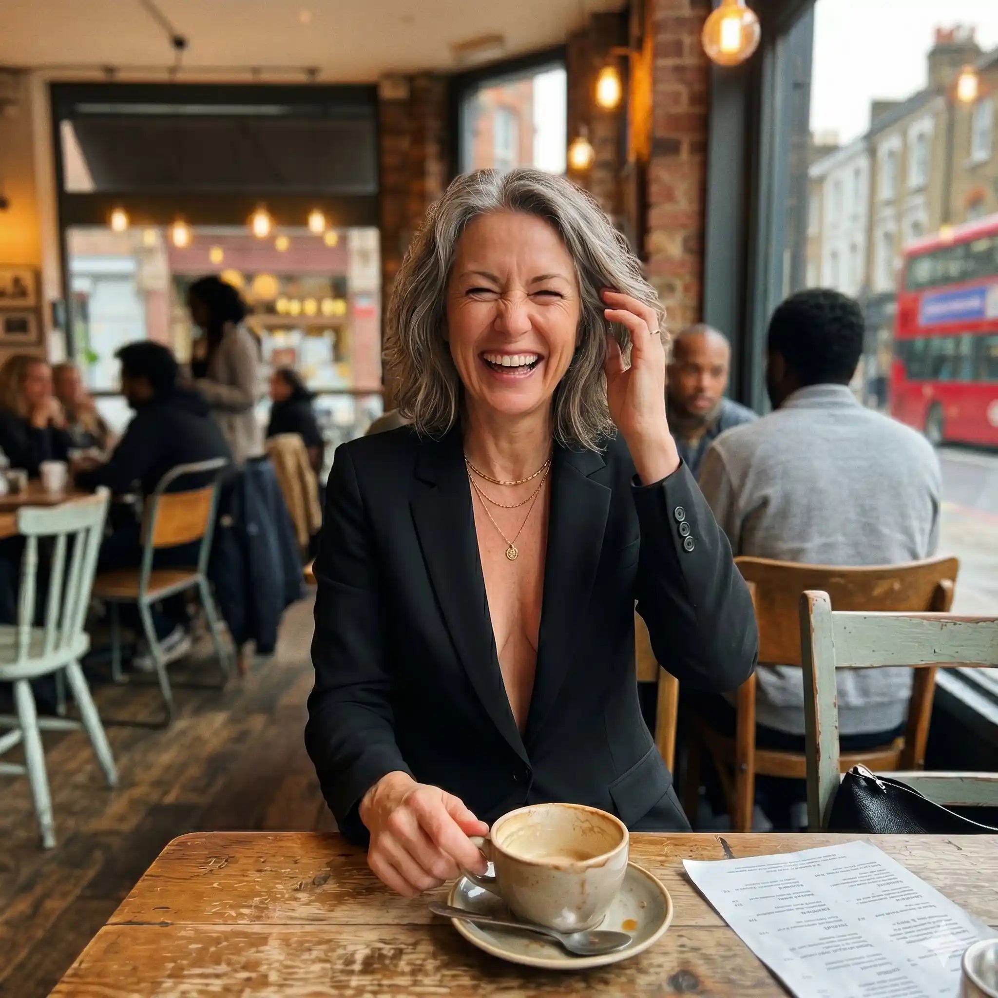 Woman sitting at a table in a coffee shop, smiling and holding a cup of coffee.